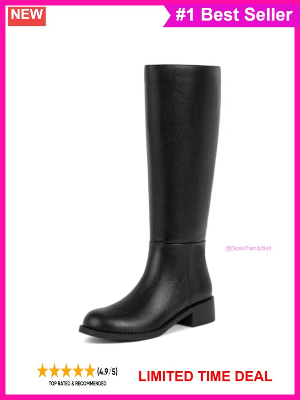 Faux Leather Knee High Riding Boots Low Block Heel Round Toe Tall